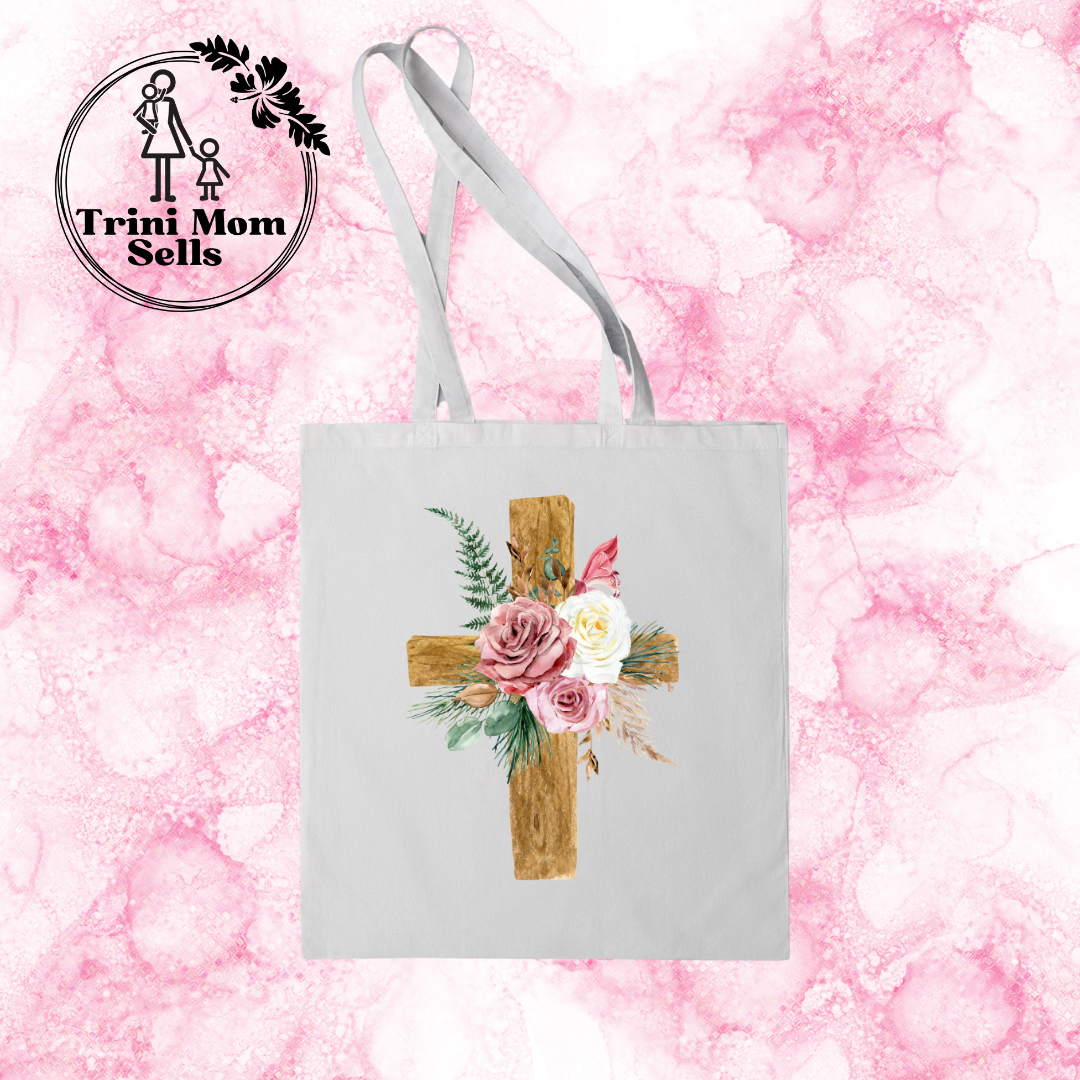 Floral Wooden Cross Canvas Tote