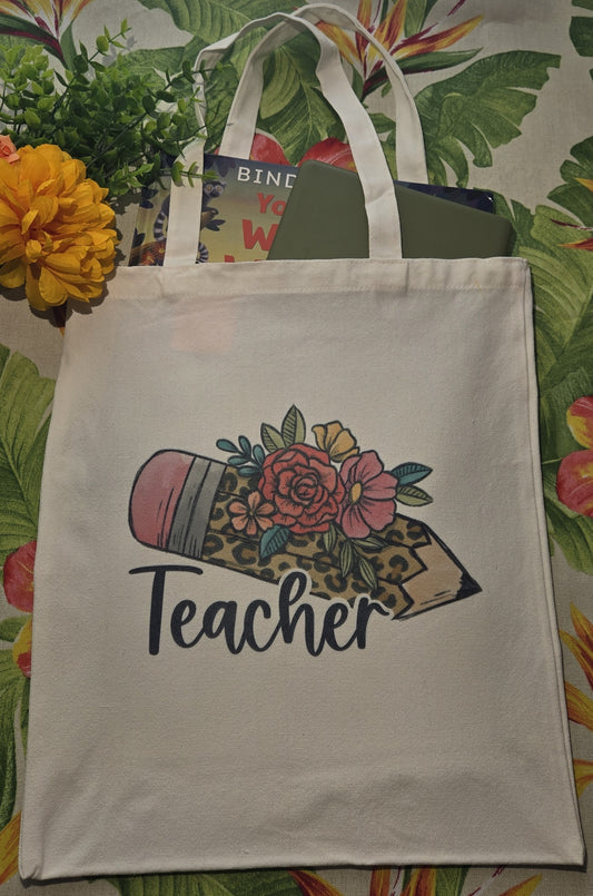 "Teacher" Tote Teacher Appreciation Gift Tan Tote Canvas Tote Women's Tote Bag