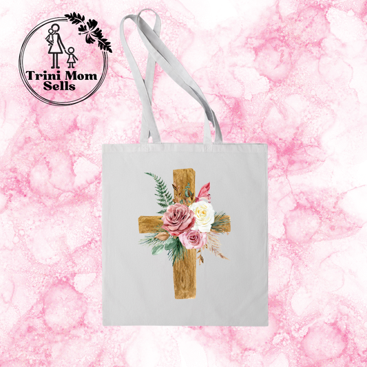 Floral Wooden Cross Canvas Tote