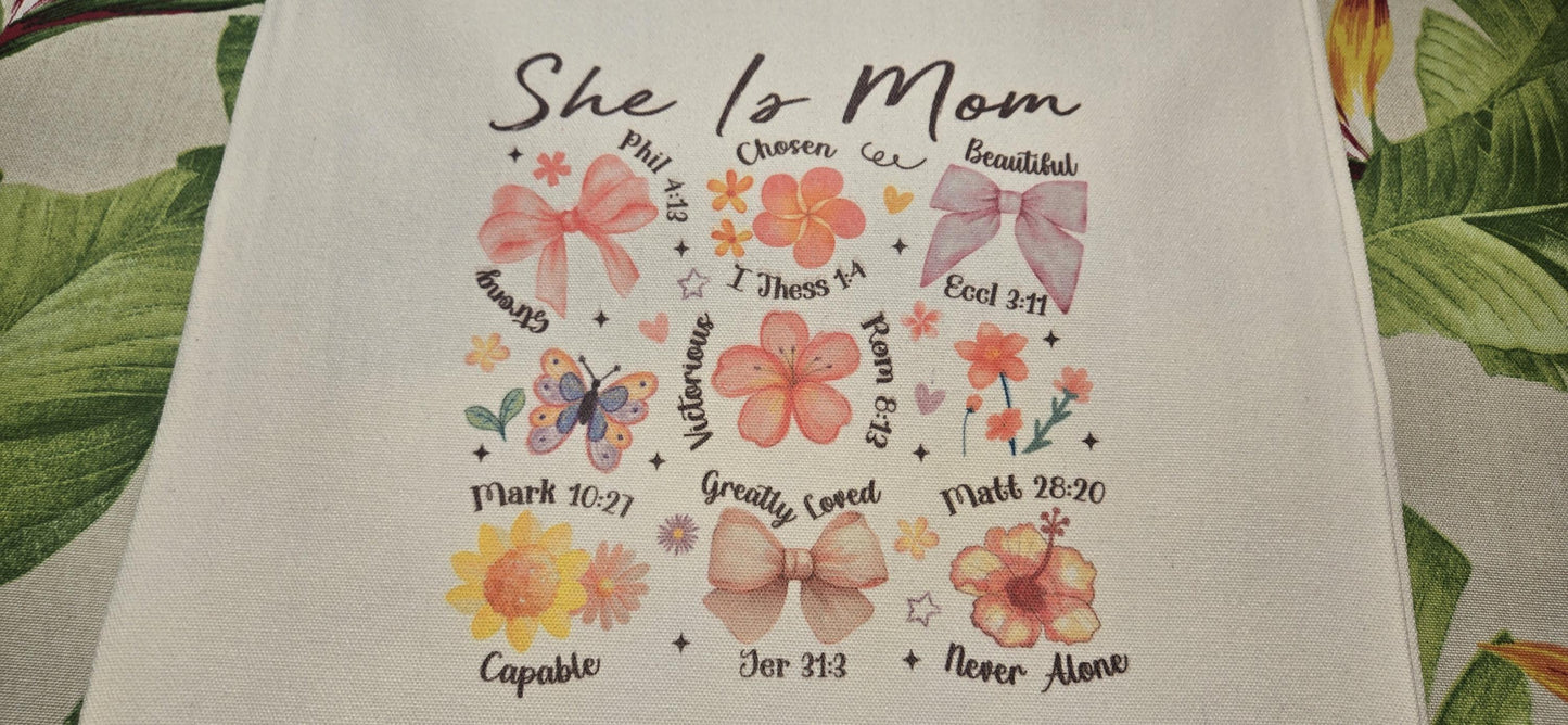 "She Is Mom" Tote Mother Appreciation Gift Tan Tote Canvas Tote Women's Tote Bag Summer Bag Mom