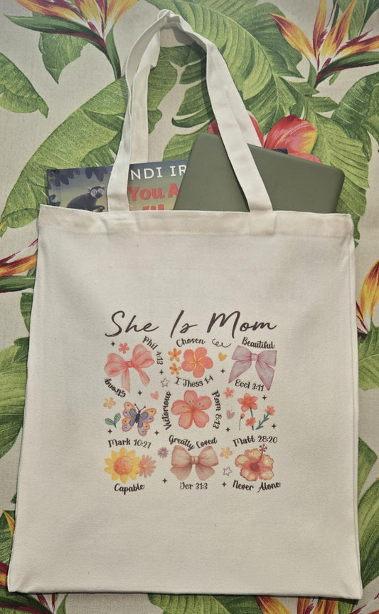 "She Is Mom" Tote Mother Appreciation Gift Tan Tote Canvas Tote Women's Tote Bag Summer Bag Mom
