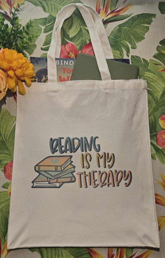 "Reading Is My Therapy" Tote Mother Grandmother Gift Tan Tote Canvas Tote Women's Tote Bag Summer Bag Mom